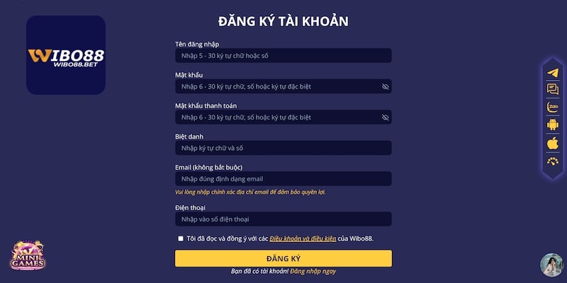 Các bước đăng ký siêu nhanh trên website Wibo88