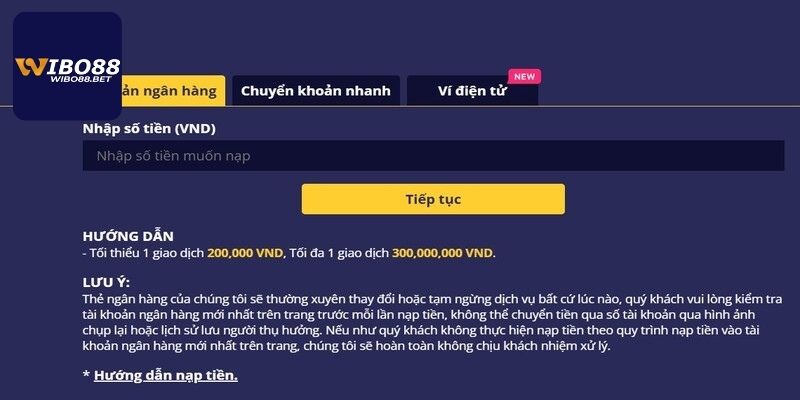 Hướng dẫn nạp tiền Wibo88 bằng cách chuyển khoản