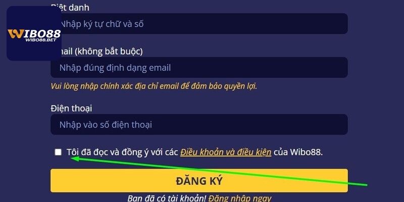 Lỗi đăng ký có thể do chưa đồng ý điều khoản