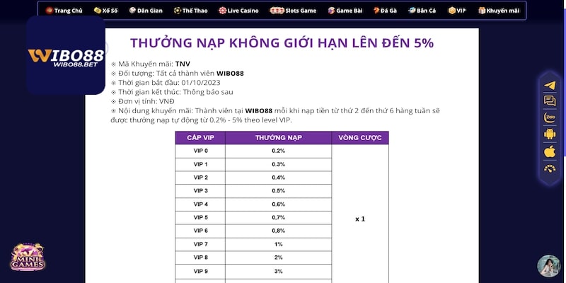 Ưu đãi nạp tiền độc quyền tại Wibo88